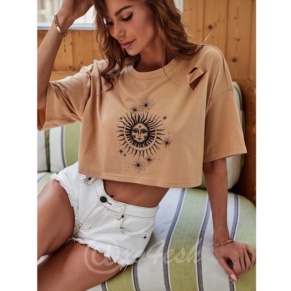 Sun Print Boho Distressed Graphic Crop Tee Shirt in Tan - Picture 6 of 8